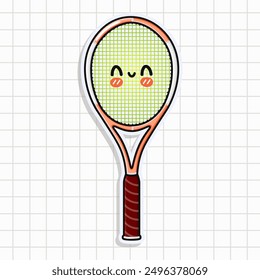 Tennis racquet sticker. Vector hand drawn cartoon kawaii character illustration icon. Isolated on background. Tennis racquet card character concept