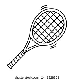 Icono de vector de raqueta de tenis en estilo doodle. Símbolo de ping pong en diseño simple. Objeto de dibujos animados dibujado a mano aislado sobre fondo blanco.