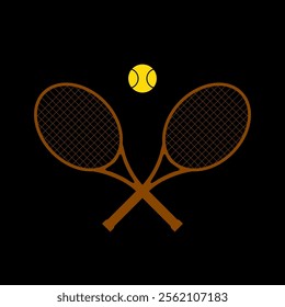 Tennis racquets with ball isolated on black background. Logo with sport equipment. Vector illustration