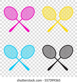 Tennis racquets sign. CMYK icons on transparent background. Cyan, magenta, yellow, key, black.