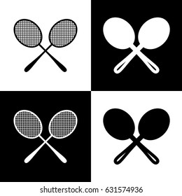 Tennis racquets sign. Vector. Black and white icons and line icon on chess board.