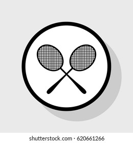 Tennis racquets sign. Vector. Flat black icon in white circle with shadow at gray background.