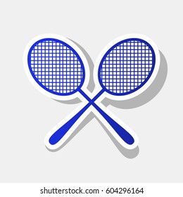 Tennis racquets sign. Vector. New year bluish icon with outside stroke and gray shadow on light gray background.