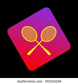 Tennis racquets sign. Vector. Yellow icon at violet-red gradient square with rounded corners rotated for dynamics on black background.