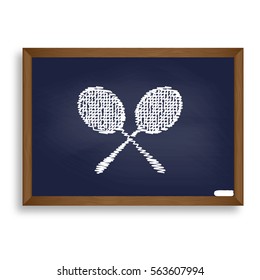 Tennis racquets sign. White chalk icon on blue school board with shadow as background. Isolated.