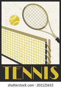 Tennis. Retro poster in flat design style.