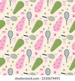 Tenis retro sin patrón. Raqueta, bolas y bolsas de tenis con fondo de repetición de arco. Diseño de superficie continua de coqueta plana de Vector.