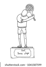 Tennis reward, a man on a pedestal, the best tennis player,a man with a racket,vector image, flat design, doodle style,black and white icon