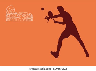 Tennis in Rome vector illustration, tennis player silhouette with colosseum minimal graphics logo on red tennis field colour background