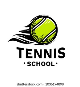 Tennis school emblem, illustration, logotype, modern line style, green color, on a white background. A flying burning tennis ball enveloped in flames.