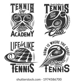 Tennis school, racket sport club t-shirt prints. Crossed rackets and flying after hit ball engraved vector. Tennis sport academy, player clothing retro print design, monochrome emblems