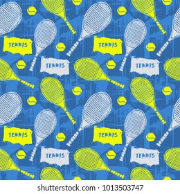Tennis seamless pattern. Background background with racket, ball for sports design, flyer, banner, poster, advertising. Prints for textiles, T-shirts. Urban style grunge, sketch, ink, hand drawing. 