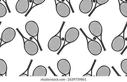 Tennis seamless pattern or background with tennis rackets and ball. Vector illustration.