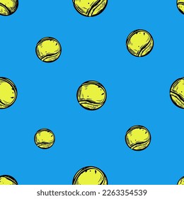 Tennis seamless pattern  ball, racket. Hand drawn vector illustrations, design elements