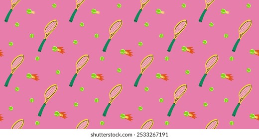 Tennis nahtlose Muster, Cartoon-Elemente. Ball, Schläger, Turnschuhe und Tasse. Sportausrüstung. Dekortextilien, Umhüllungspapier, Tapeten-Design. Druck für Stoff. Vektorgrafik einzeln, bunte Illustration