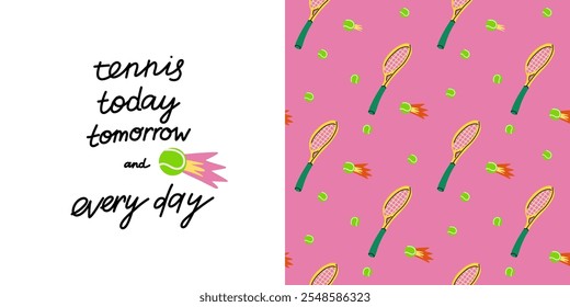 Tennis seamless pattern, cartoon elements. Ball, rackets, sneakers and cup. Sports equipment. Decor textile, wrapping paper, wallpaper design. Print for fabric. Vector isolated colorful illustration