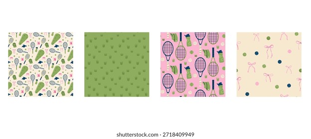 Colección de tenis sin fisuras con arco, raquetas y bolas. Impresión repetitiva de temática deportiva para envolver papel, fondos o diseño textil. Rosa y verde césped hierba Vector coqueta aop bg.