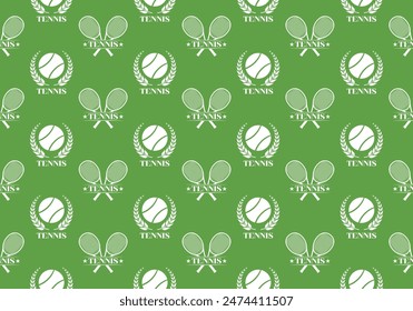 Tennis seamless pattern with crossed tennis rackets and tennis ball. Sport club logo background or tesxture. Vector illustration.