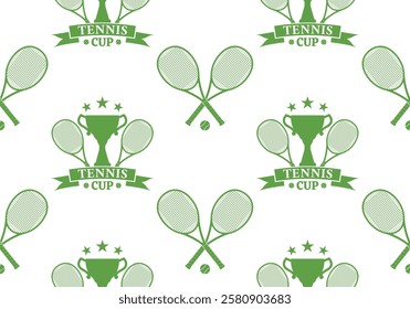 Tennis seamless pattern with crossed tennis rackets and tennis ball. Sport club logo background or tesxture. Vector illustration.