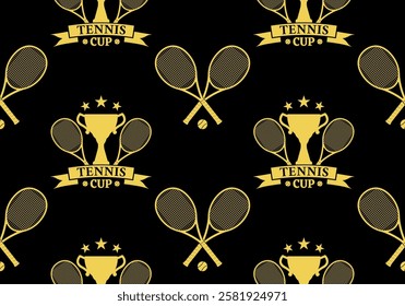 Tennis seamless pattern with crossed tennis rackets and tennis ball. Sport club logo background or tesxture. Vector illustration.