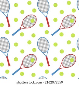 Tennis seamless pattern. Tennis rackets and balls on white background. Sports equipment pattern. Flat vector illustration.