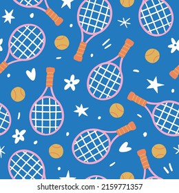 Tennis. Tennis seamless pattern. Sports pattern. Handdrawn pattern. Racket pattern. Tennis background. Racket background.