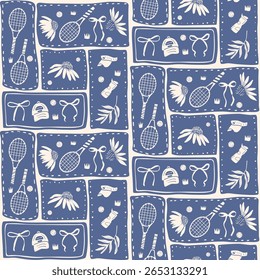 Tennis seamless pattern. Sports rackets, balls and bows endless background. Active game equipment repeat cover. Surface pattern entertainment motif. Vector hand drawn bento grid illustration.