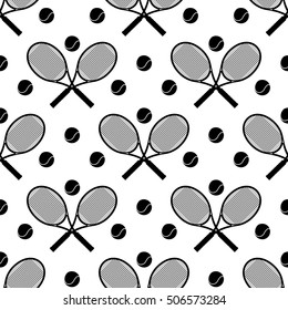 Tennis seamless pattern vector illustration. Black and wthite sport background with racket and balls