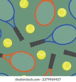 Tennis seamless vector pattern. Flat style illustration tennis racket and tennis balls on a green background.