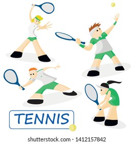 Tennis. Set of 4 athletes. Sport vector characters. Green shape
