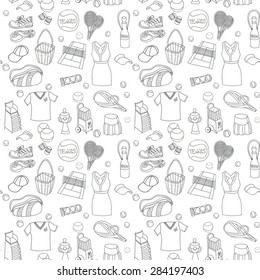 Tennis set background, hand drawn vector illustration of various stylized tennis icons, tennis equipment, tennis icons sketch, seamless background