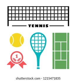 Tennis set elements. Vector illustration of tennis ball, racket, court, win badge, net.