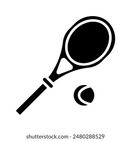 Tennis set icon. Blue racket, yellow ball, sports equipment, game, competition, fitness, recreation, outdoor activity, match, athletic.