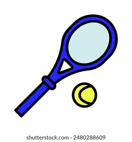 Tennis set icon. Blue racket, yellow ball, sports equipment, game, competition, fitness, recreation, outdoor activity, match, athletic.