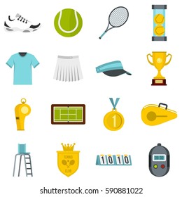 Tennis set icons in flat style isolated on white background