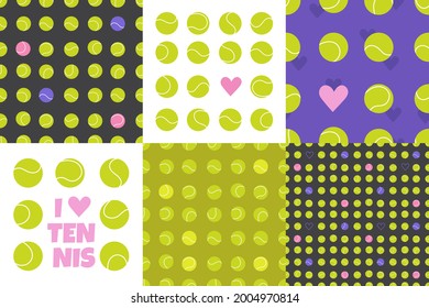 Tennis set with prints and seamless patterns. Sport theme. I love tennis text with heart. Creative green repeated background. Nice big vector collection with tennis balls. 