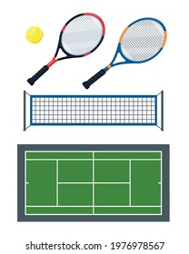 Tennis set. Sport equipment and accessories. Ball, net, rackets and green court for playing tennis. Flat vector icons isolated on white background. 