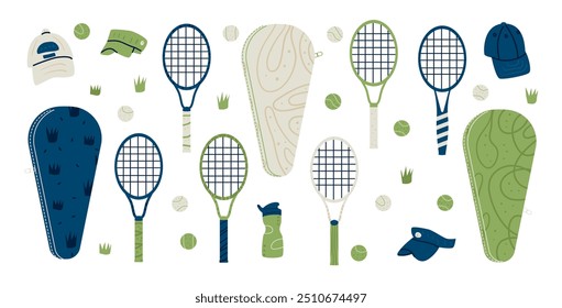 Juego de tenis. Equipamiento deportivo con raquetas, bolsas de tenis, gorras, pelotas y Elementos de hierba. Kit deportivo. Ilustración de colección plana de Vector aislada sobre fondo blanco.