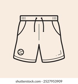 Tennis shorts wear with tennis ball logo, laces and pockets vector outline icon