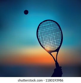 Tennis silhouette of hand with racket in sky