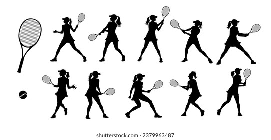 Tennis silhouettes, tennis player sports person in silhouette, tennis woman in match champion