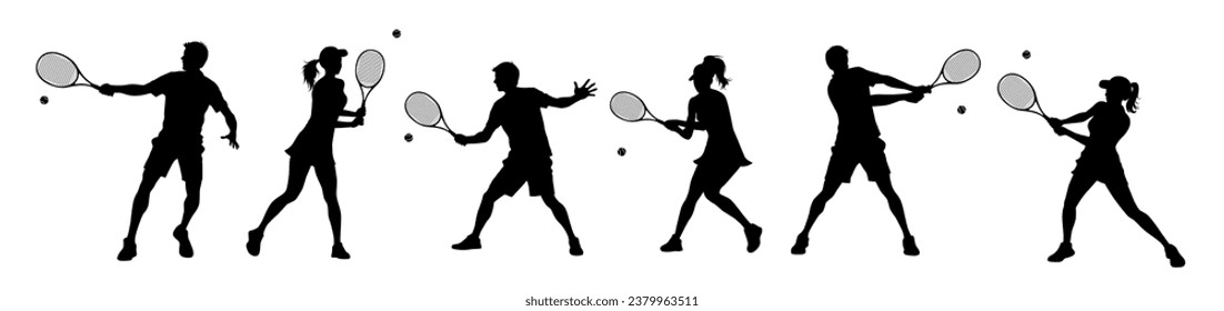 Tennis silhouettes, tennis player sports person in silhouette, tennis man woman in match champion