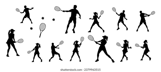 Tennis silhouettes, tennis player sports person in silhouette, tennis man woman in match champion