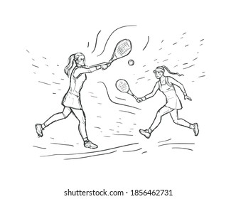 Tennis sketch hand drawn vector background. Women tennis players  with racquet on white background. Black line isolated on white. Sport concept.  Design for print, cover, poster and banner