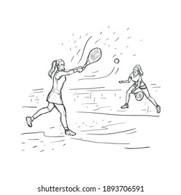 Tennis sketch hand drawn vector background. Women tennis players with racquet at the court isolated on white. Hitting ball. Black line isolated on white. Sport concept.