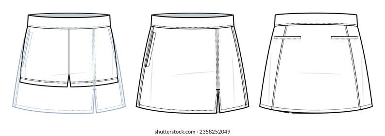 Tennis skirts technical fashion illustration. Tennis skirts fashion flat technical drawing template, elastic waist, welt pockets, front, inner, and back view, white, teens, women, CAD mockup set.