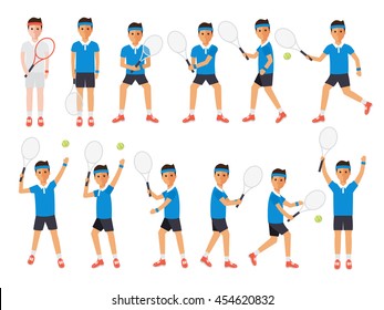 Tennis sport athletes, players playing, training and practicing with tennis racket. Flat design people characters.