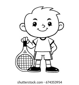 Tennis sport boy cartoon.
Black and White Outline.