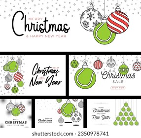 tennis sport christmas card set in trendy line style. Merry Christmas sport flat greeting card. Hang on a thread tennis ball as a xmas ball. Sport Vector illustration collection..