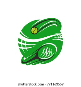 Tennis sport club icon design template of green playing racket and yellow ball. Vector isolated badge for tennis fan club or sport team and championship tournament